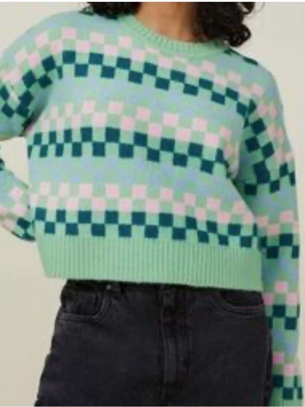 Cotton On Mint Green Checkerboard Crewneck Sweater with Teal & Light Pink